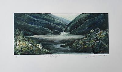 Remotescape, unframed, monotype with hand colouring, Joanna Fieldes